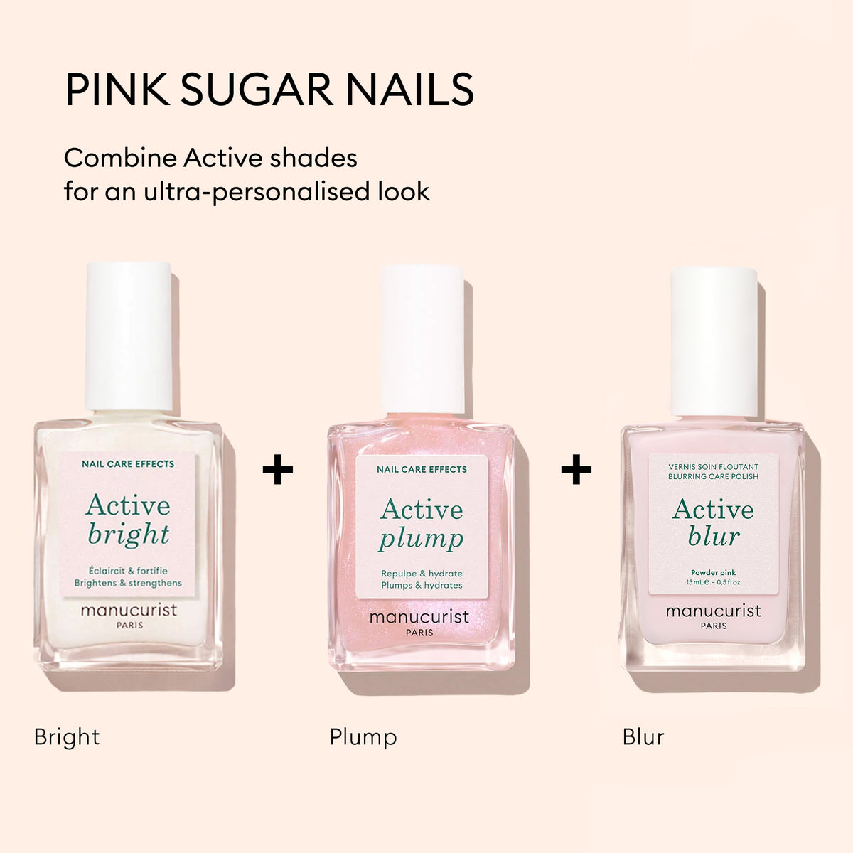 Trois flacons du Trio Active™ personnalisable de Manucurist sont présentés sur un fond beige, mettant en avant la tendance Pink Sugar Nails et des effets inspirés du maquillage pour une touche sur mesure.