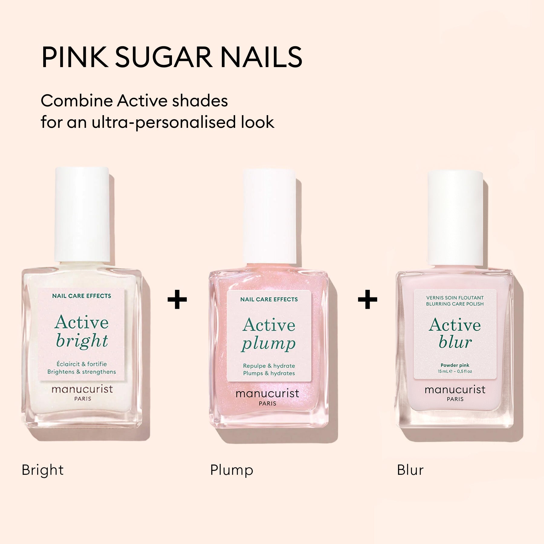 Three bottles from the Manucurist Customizable Active™ Trio are displayed on a beige background, with messaging highlighting Pink Sugar Nails and makeup-inspired effects for a personalized touch.