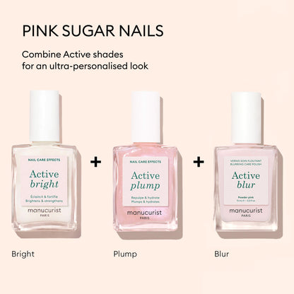 Three bottles from the Manucurist Customizable Active™ Trio are displayed on a beige background, with messaging highlighting Pink Sugar Nails and makeup-inspired effects for a personalized touch.