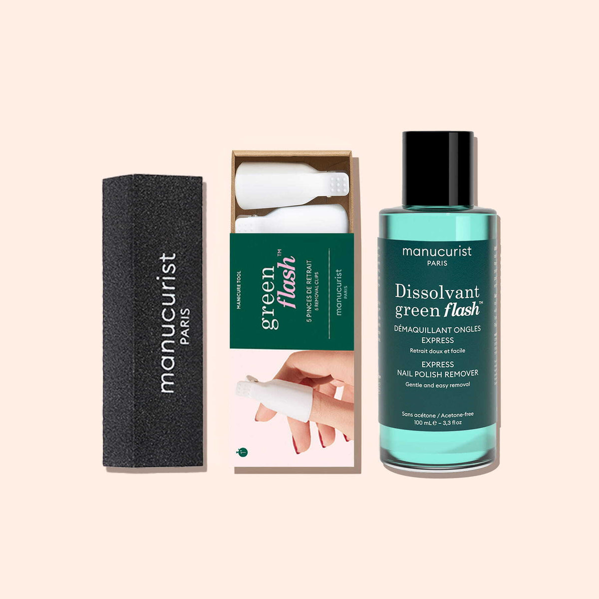 Kit de dépose rapide Manucurist-us comprenant un bloc de ponçage noir, cinq pinces à ongles blanches en plastique et un flacon de dissolvant bleu-vert.