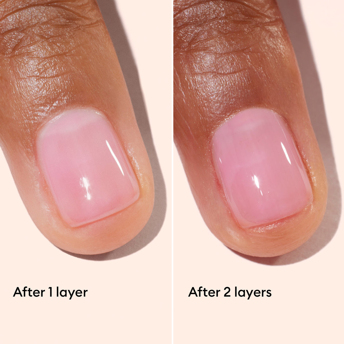 Close-up of a fingernail showing the difference between applying one layer (left) and two layers (right) of sheer pink nail polish. The second layer gives a more opaque and glossy finish.
