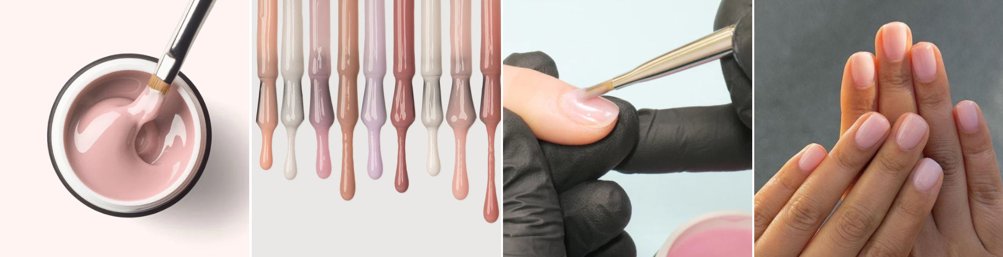 A collage showing a nail polish brush in a pink bottle, swatches of nude nail polishes, a person getting a manicure, and hands displaying neatly manicured natural nails.