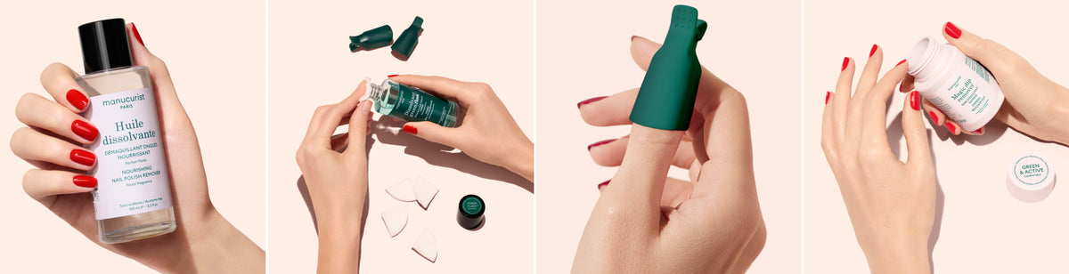 Four panels show hands with red-painted nails demonstrating nail polish removal using various products, including a bottle, cotton pads, a green cap tool, and an open jar of cream.