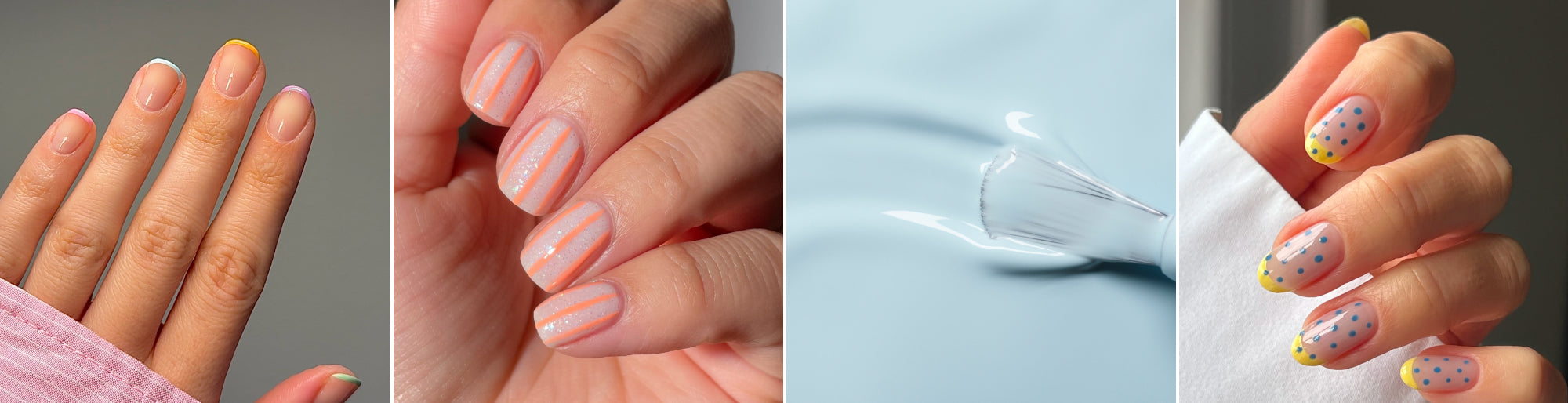 A collage of four nail art designs: pastel French tips, peach nails with white stripes, a brush applying clear polish on pale blue, and pastel blue nails with yellow tips and multicolored polka dots.