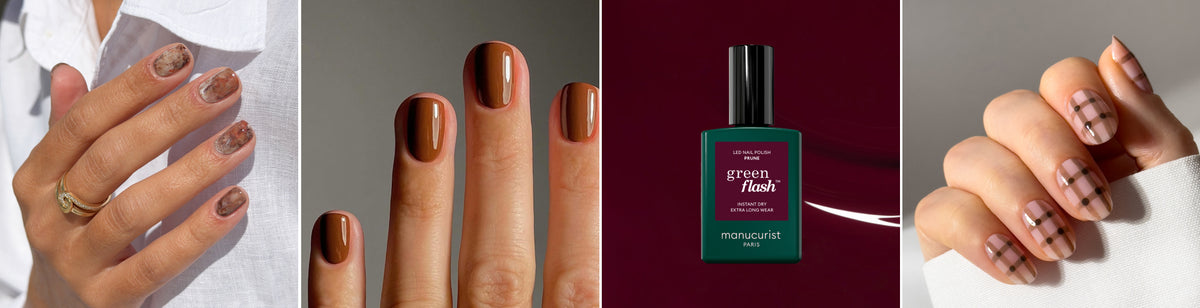Pumpkin spicy latte marble nail art by @m.o.n.a.j, Chestnut manicure by @matejanova, Prune Green Flash packshot, Plaid nail art by @look8thenails