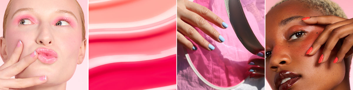 Collage of two women with colorful makeup and nails, an abstract pink and coral swirl, and hands showcasing pink and blue manicured nails.