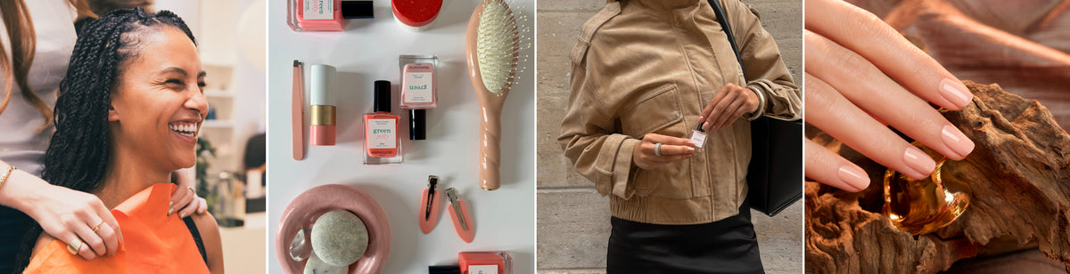 Collage showing painted nails, nail care products, a person in a tan jacket holding nail polish, and a close-up of manicured nails touching a piece of wood.