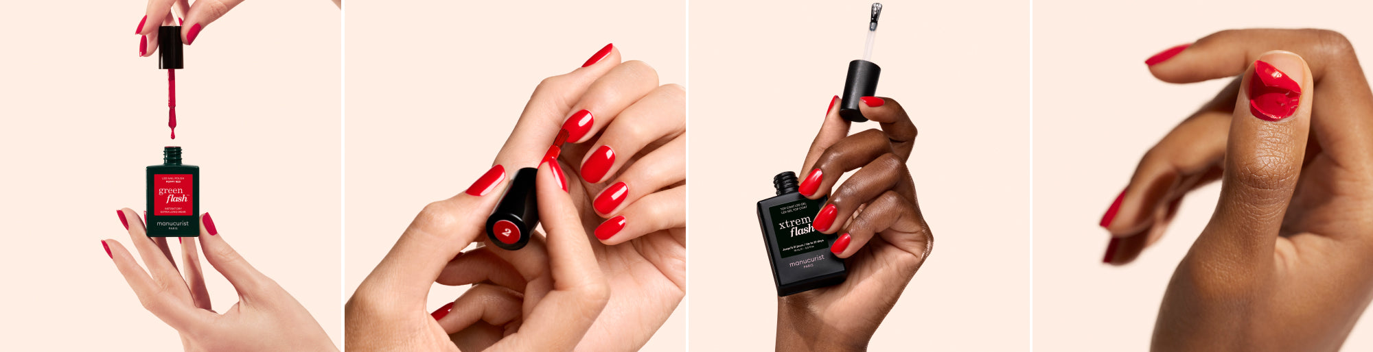Four panels showing hands applying and displaying bright red nail polish on fingernails, including holding a polish bottle, painting nails with a brush, and showcasing the finished glossy manicure.