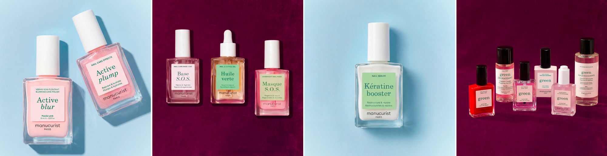 Four sets of manicure care products displayed on colored backgrounds, including nail polishes, oils, and treatments in clear bottles with different labels and shades, arranged neatly in rows.