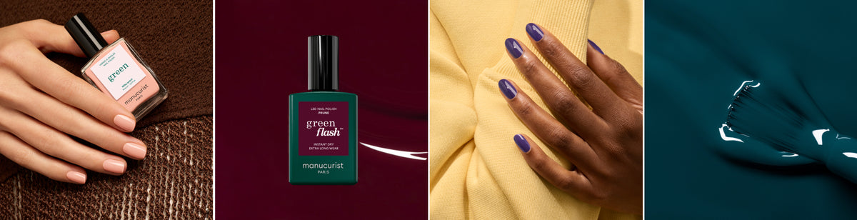 Four panels: nude polish on nails, a dark green green flash nail polish bottle, purple-polished nails on a yellow cloth, and a closeup of glossy dark teal nail polish being spread.