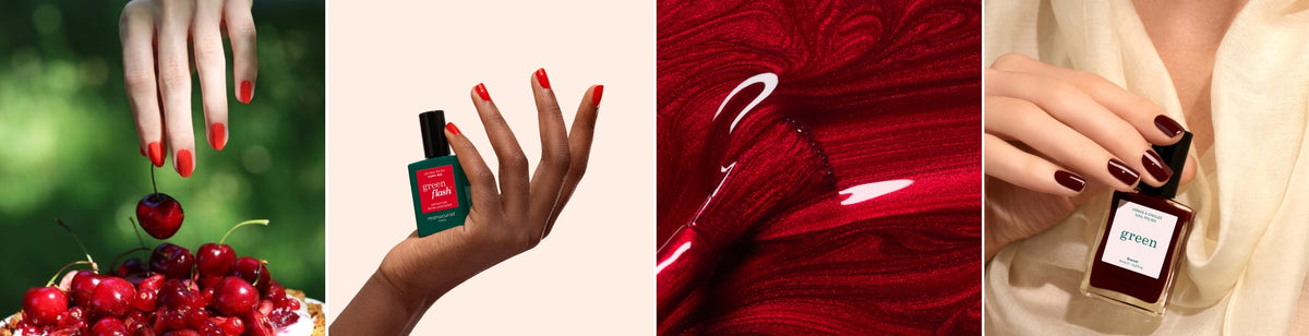 Four panels: a hand with red nails holding cherries, a hand displaying a red nail polish bottle, a close-up of red polish being applied, and a hand holding a bottle of nail polish with dark red nails.
