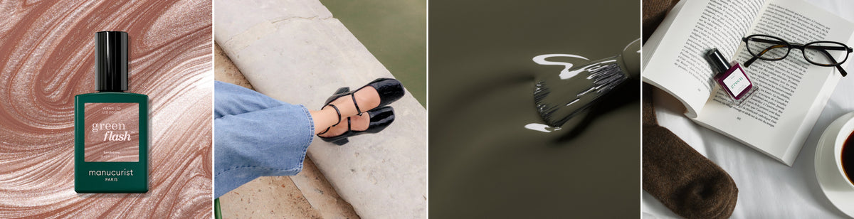 Four images: a green bottle of nail polish, crossed legs in jeans and black shoes, a brush with olive polish, and an open book with glasses, brown socks, nail polish, and a cup of tea.