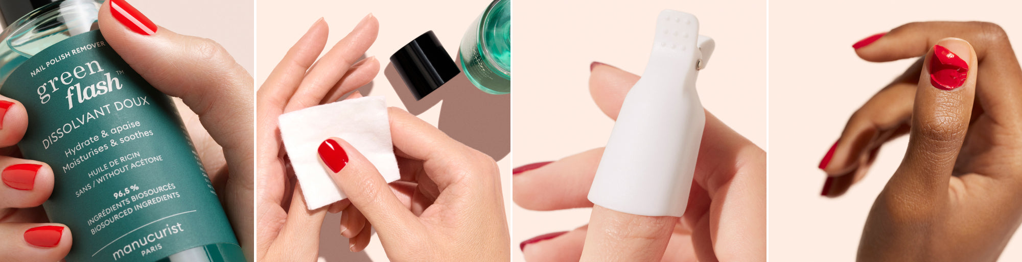 A sequence shows a hand with red nails applying nail polish remover, using a cotton pad, wearing a remover clip on a finger, and finally revealing clean, polish-free nails.