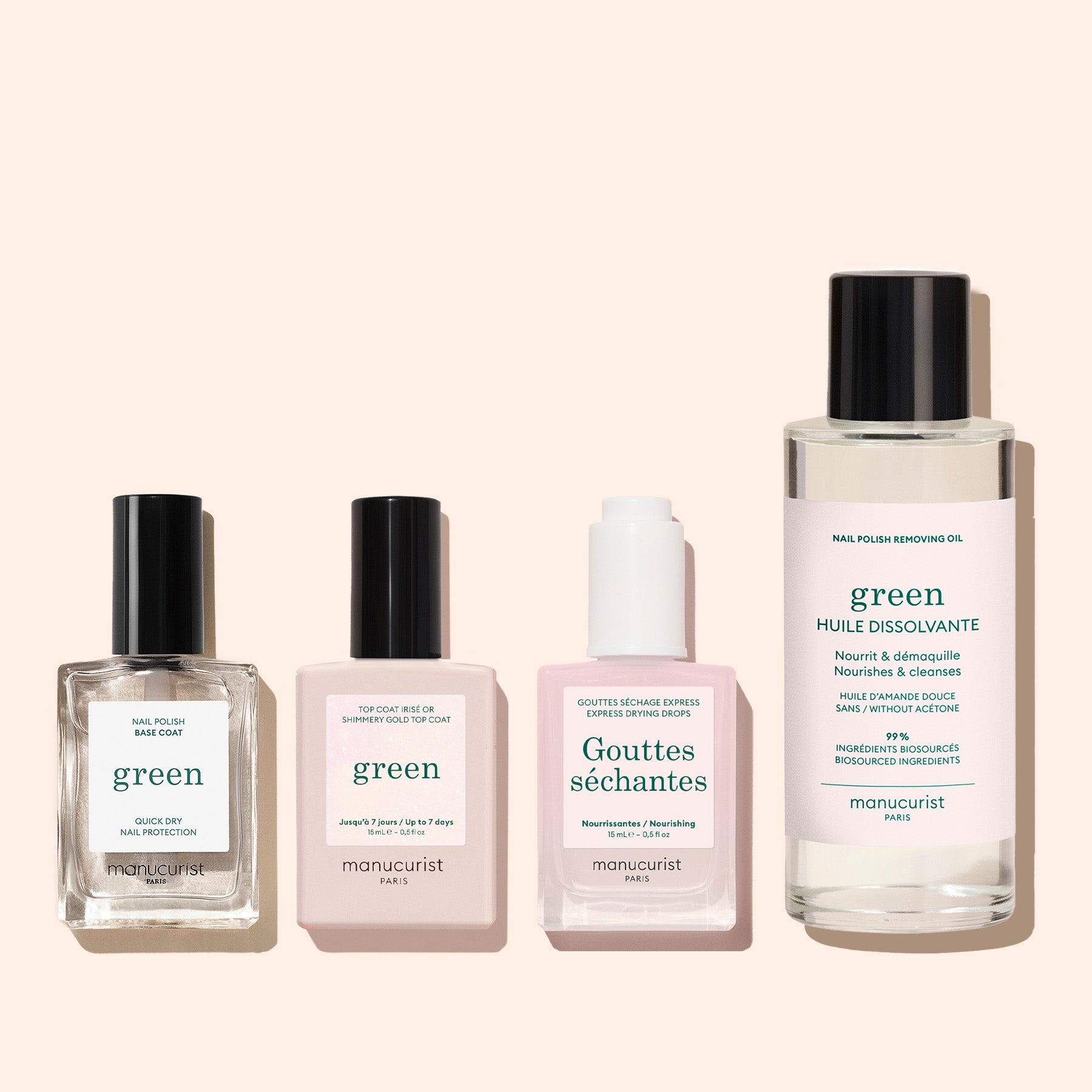 Manucurist’s green line features four manicure products on a beige background: the Glitter Top Coat nail polish with a gel-like finish, a second gel-effect polish, a dropper bottle, and nail polish removing oil.