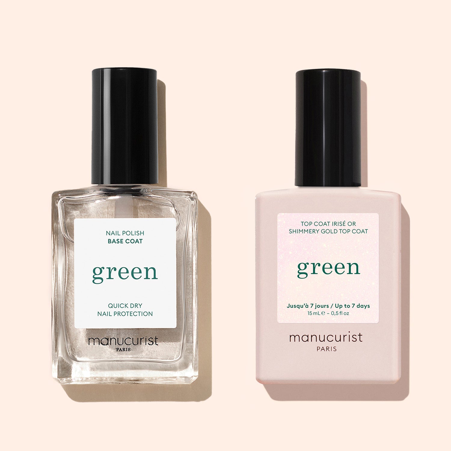 Two Manucurist nail products stand upright on a beige background: a clear Green base coat (left) and the Glitter Top Coat with gold shimmer and a pale pink label (right).