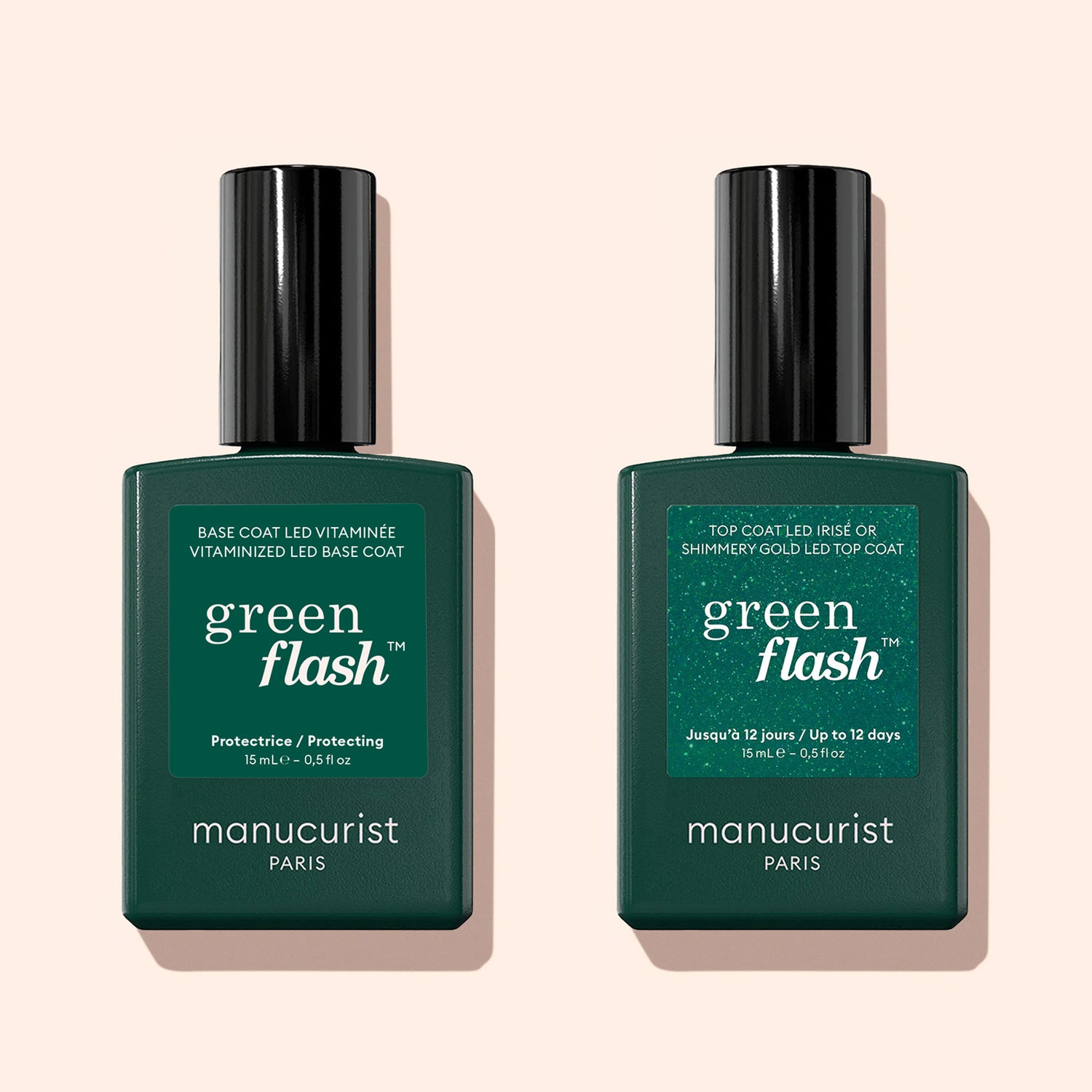 Two bottles of Manucurist nail polish are side by side on a light beige background. The left is a base coat, and the right is the Glitter Top Coat from Manucurist, both labeled green flash for long-lasting shine.