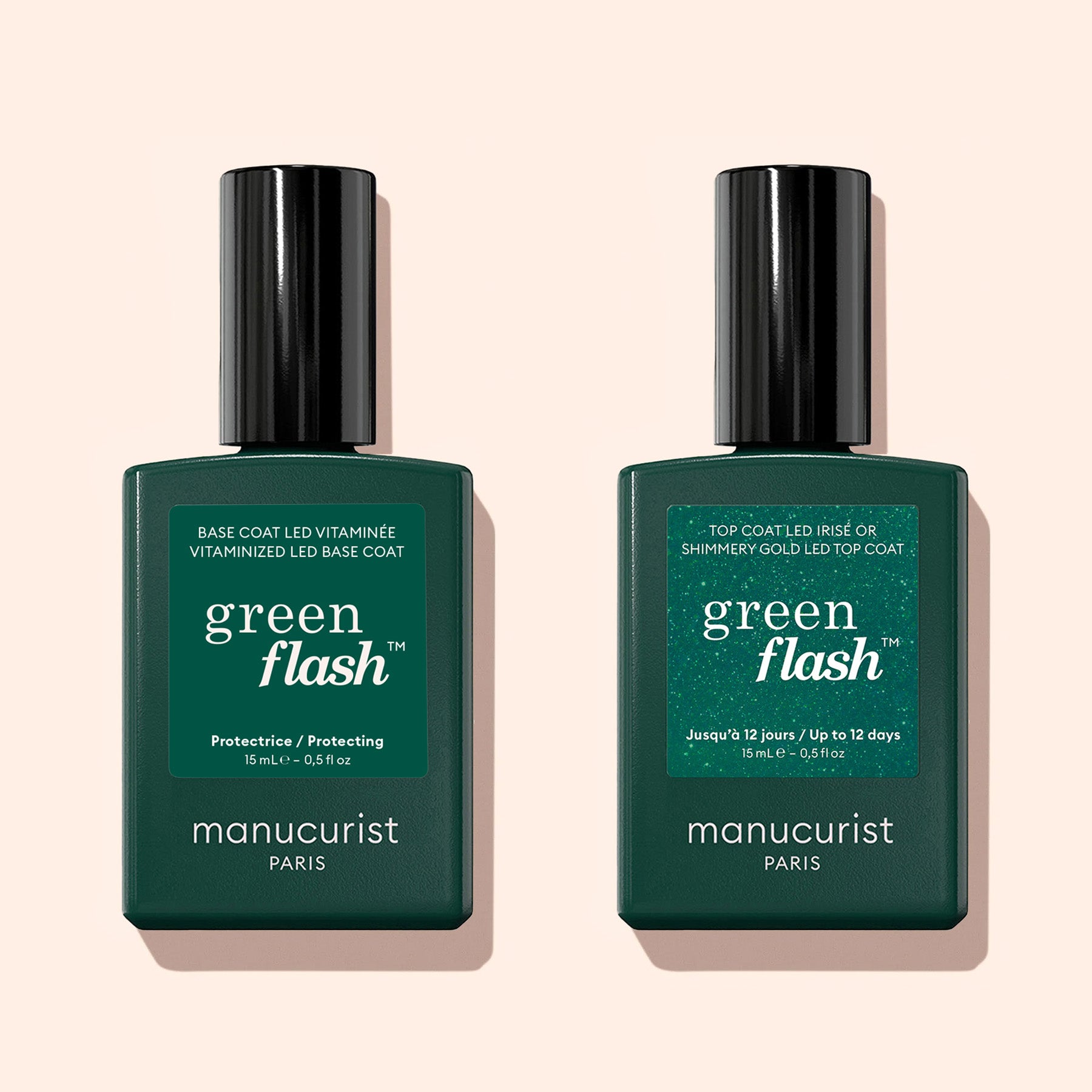Two bottles of Manucurist nail polish are side by side on a light beige background. The left is a base coat, and the right is the Glitter Top Coat from Manucurist, both labeled green flash for long-lasting shine.