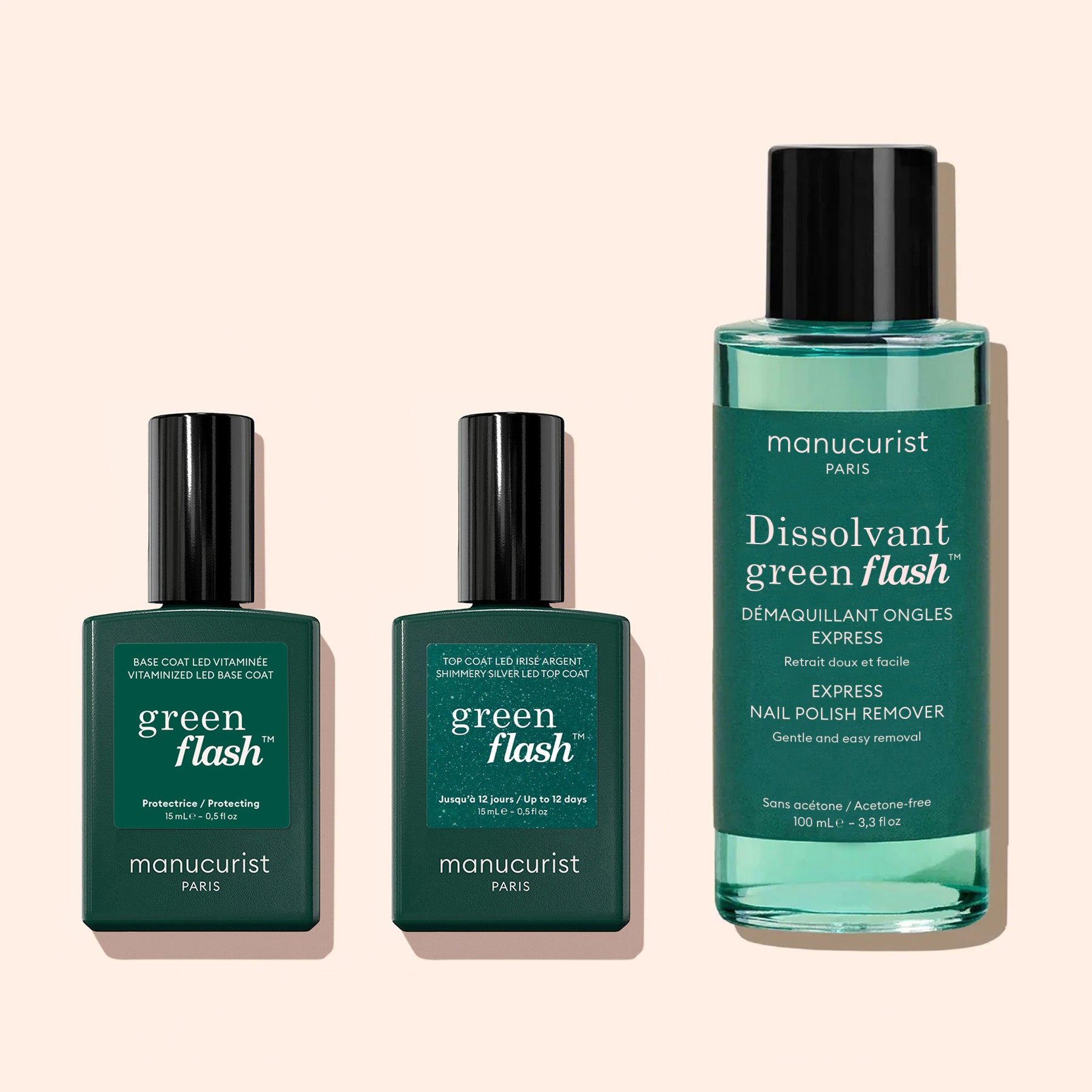 Three Manucurist nail care products are shown: small bottles of Green Flash Base Coat and Glitter Top Coat for a shiny manicure, plus a larger bottle of Green Flash Dissolvant nail polish remover.