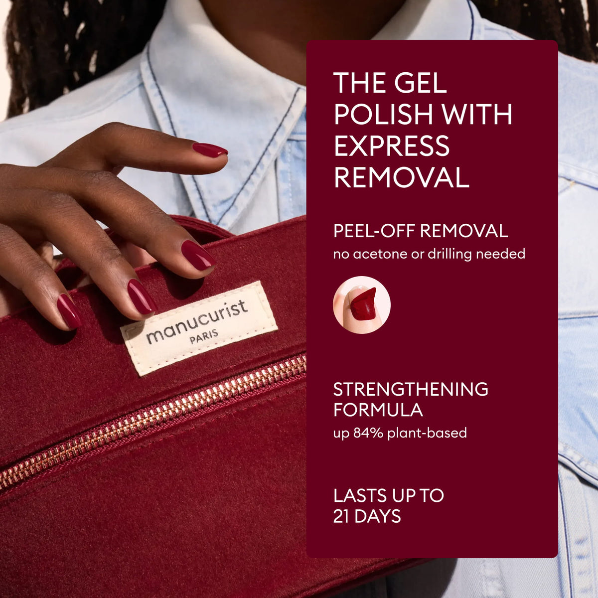 A person with burgundy gel nails holds a matching manicure pouch. Text highlights the Manucurist Green Flash™ Starter Kit Gift Set, offering a salon-style manicure at home with gel polish featuring express removal, peel-off application, a strengthening formula, and up to 21 days of long-lasting wear.