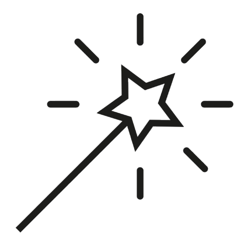 A simple black line drawing of a magic wand with a star at the tip, surrounded by small lines representing sparkles or magical effects, on a light background.
