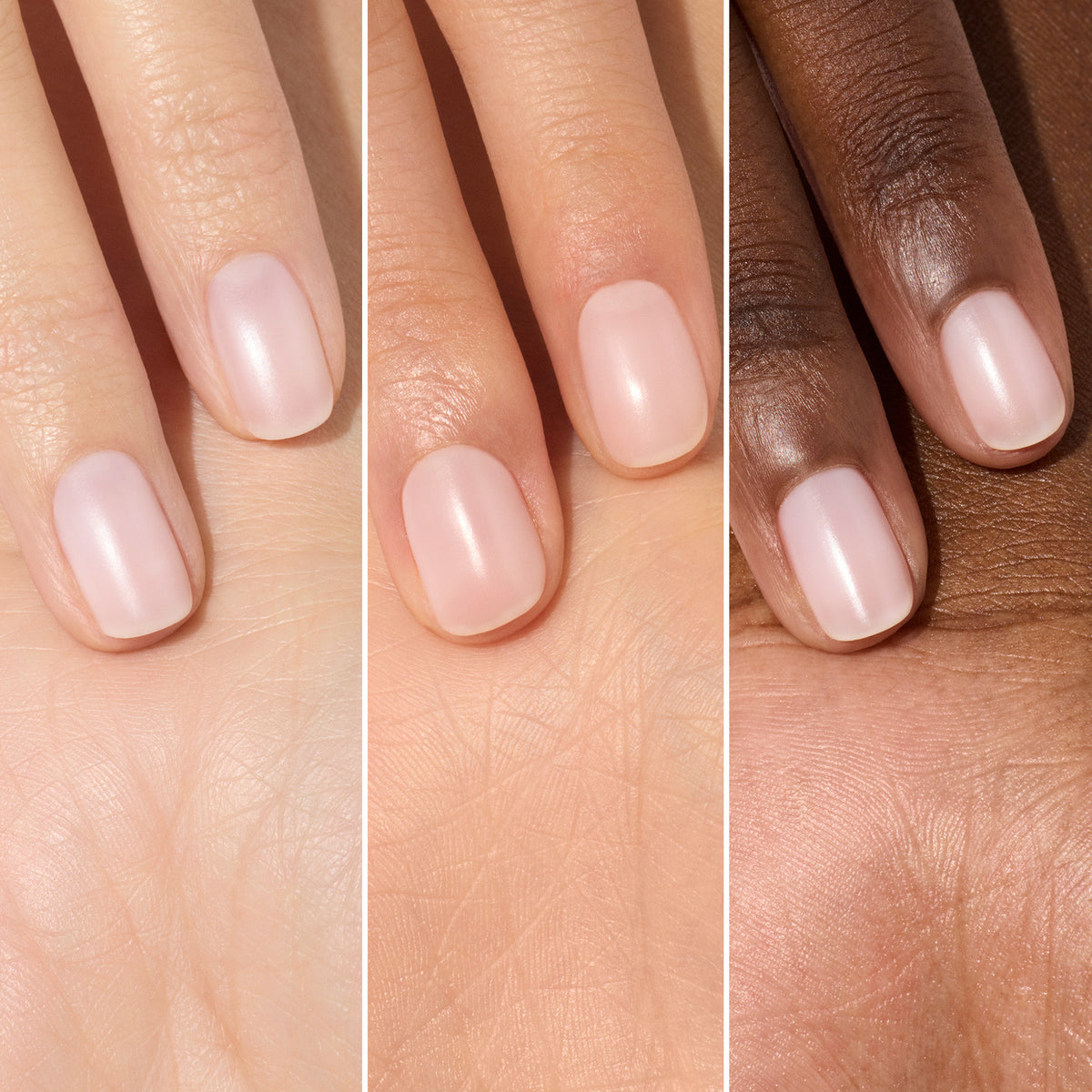 Trois mains aux différentes carnations, chacune affichant des ongles soigneusement manucurés et vernis avec l&