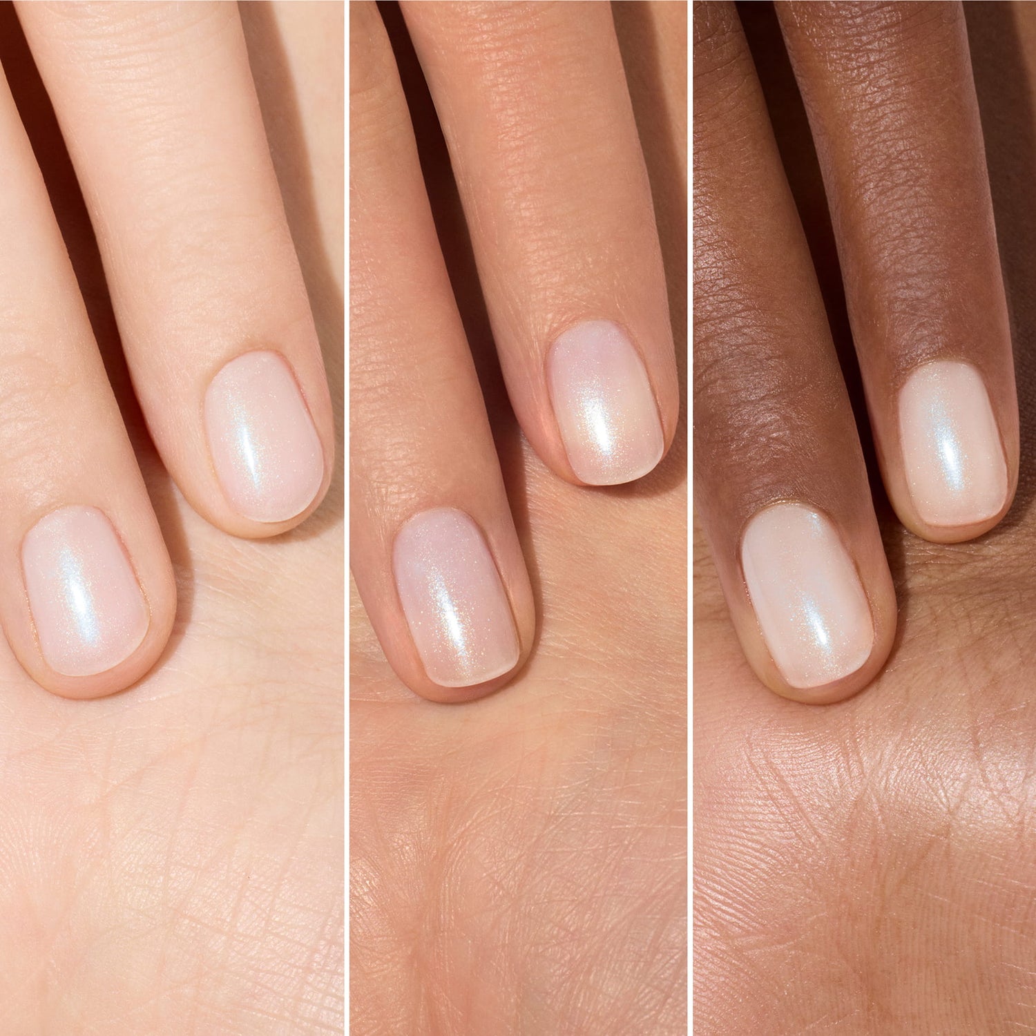 Three hands of different skin tones show hydrated nails painted with Manucurist’s Active Plump Aqua Glazed, a shimmery pale pink polish. The image is split into three vertical sections, each focusing on the glossy nails against the palm.
