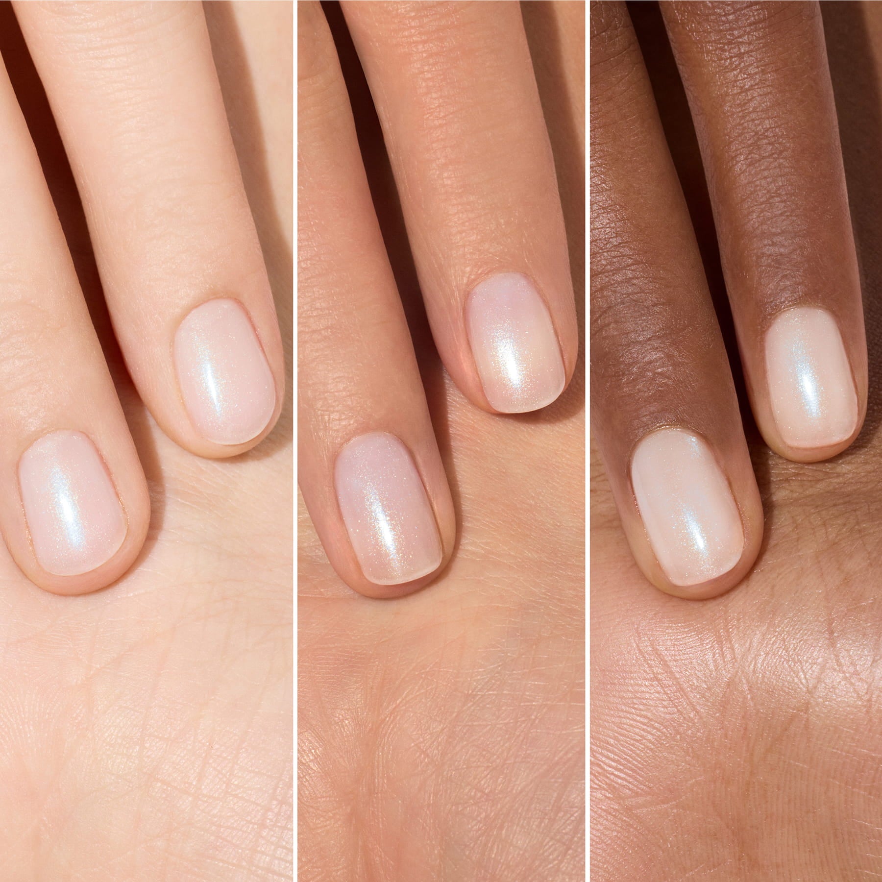 Three hands of different skin tones show hydrated nails painted with Manucurist’s Active Plump Aqua Glazed, a shimmery pale pink polish. The image is split into three vertical sections, each focusing on the glossy nails against the palm.