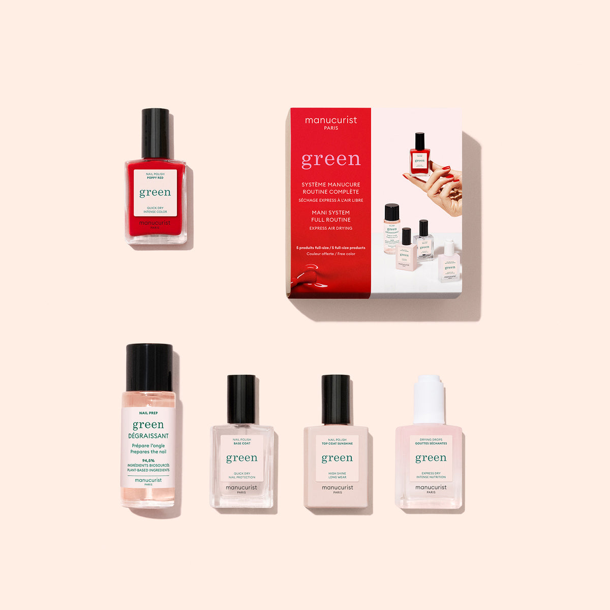 Le Discovery Kit de Manucurist comprend cinq produits de manucure Green, dont un vernis à ongles d&