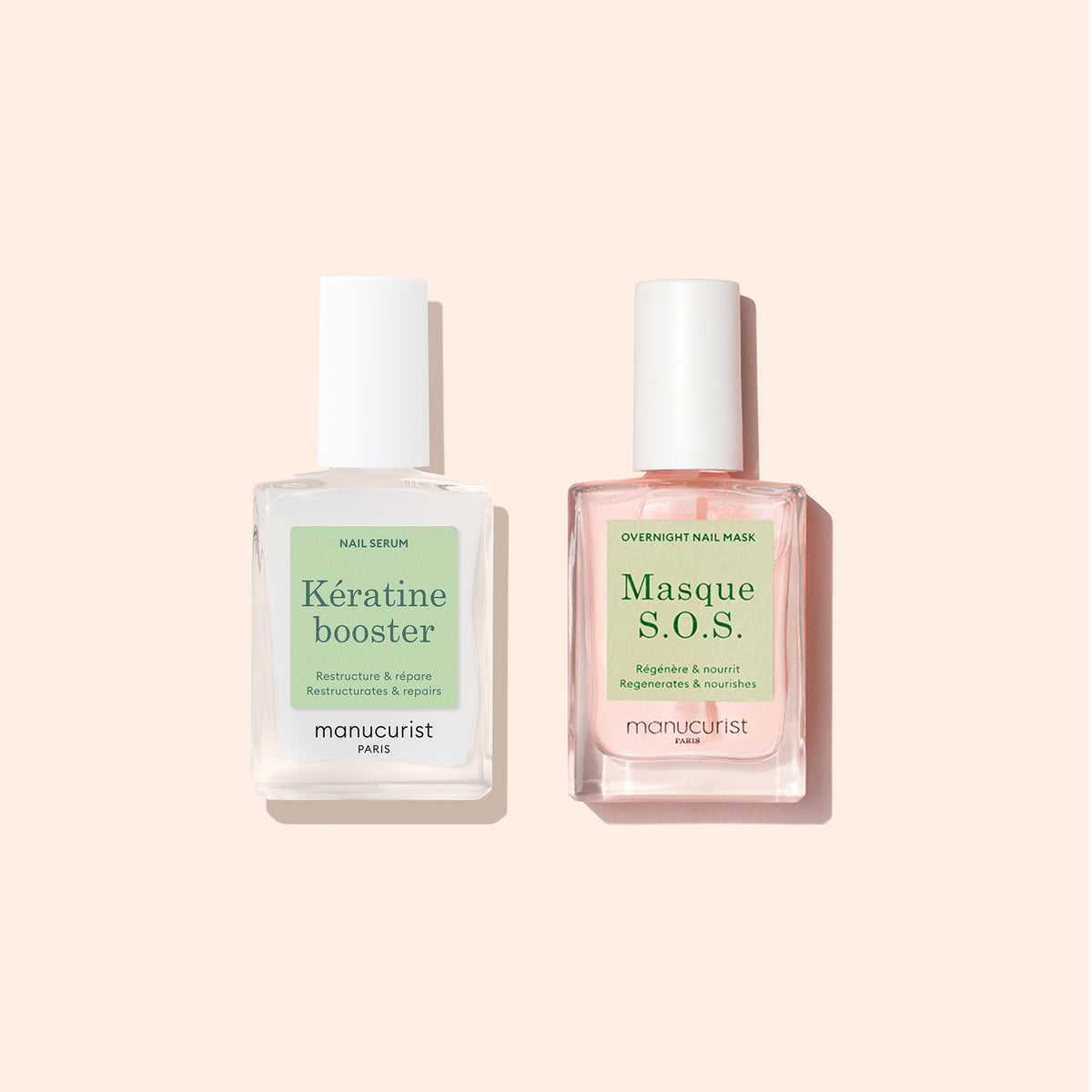 Le duo Manucurist Day Night, comprenant deux soins pour les ongles, est présenté côte à côte sur un fond clair.