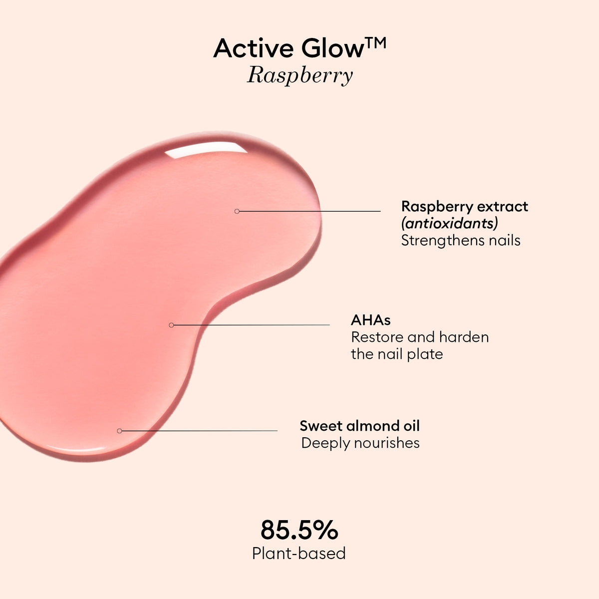 Active™ Glow Raspberry de Manucurist est un échantillon liquide rose formulé avec de l’extrait de framboise (pour renforcer les ongles), des AHA (pour restaurer et durcir) et de l’huile d’amande douce (pour nourrir) pour une nutrition optimale des ongles. Le texte met en avant sa formule à 85,5 % d’origine végétale, soulignant une approche clean et minimaliste du soin des ongles sur un fond simple.