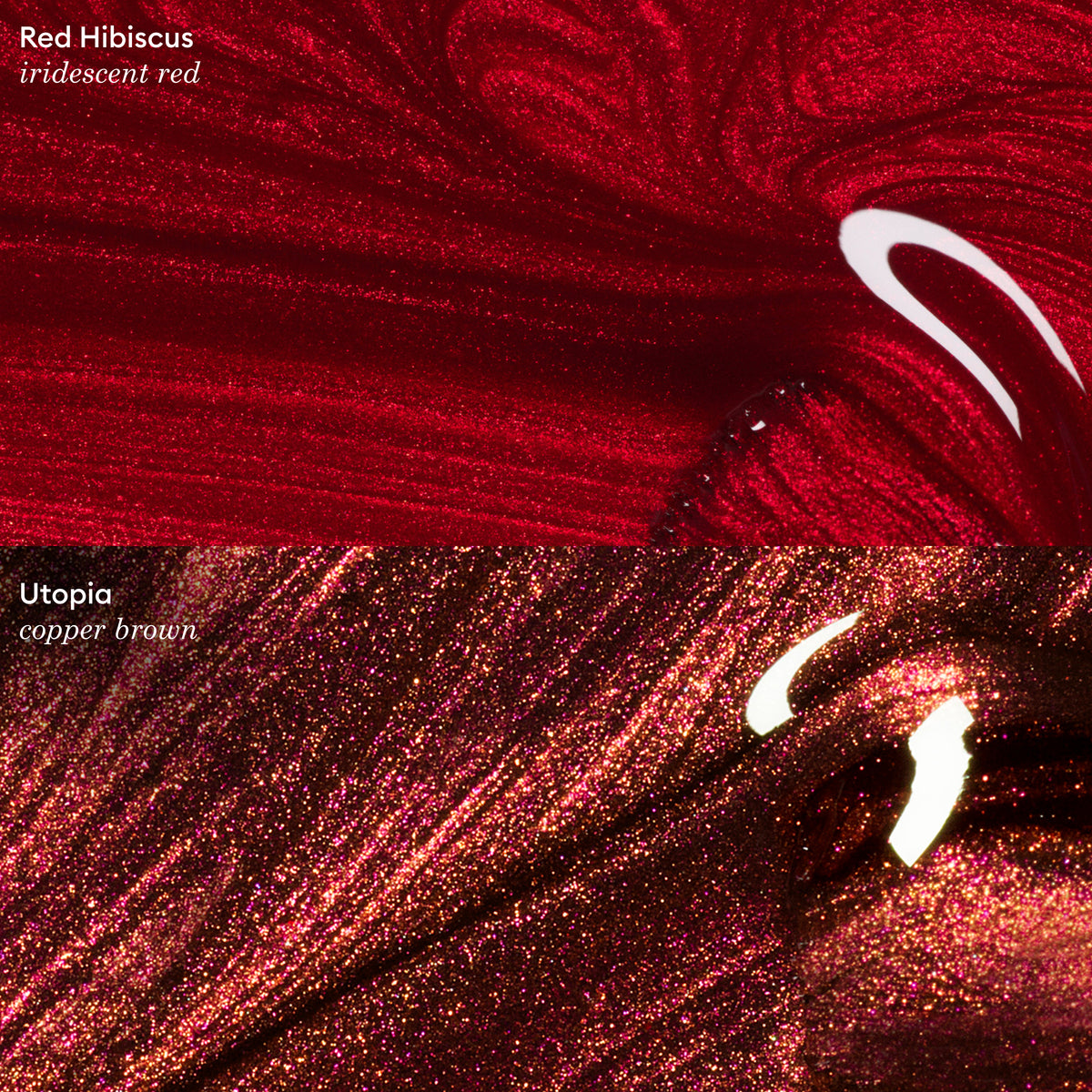Gros plan sur deux swatches de vernis gel Manucurist scintillants : en haut, un rouge cramoisi irisé nommé Red Hibiscus, en bas, un brun cuivré aux reflets rouges nommé Utopia. Tous deux affichent des textures tourbillonnantes et ultra-brillantes avec des reflets visibles.