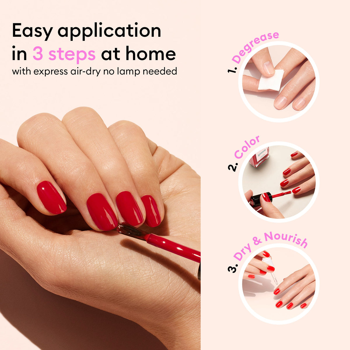 Une main applique Manucurist Lava, un vernis à ongles rouge pop aux sous-tons orange chauds. Pour une utilisation facile à la maison : dégraissez les ongles, appliquez Lava, laissez sécher à l’air libre — sans lampe. Un fini digne d’un salon et des ongles nourris en quelques minutes.