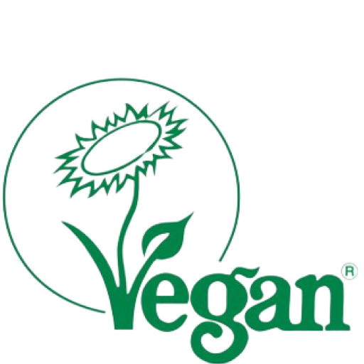 Le contour d'un tournesol vert au-dessus du mot « vegan » écrit en minuscules vertes, la tige de la fleur formant une partie du « v ». Le dessin est entouré d'un cercle vert partiel.