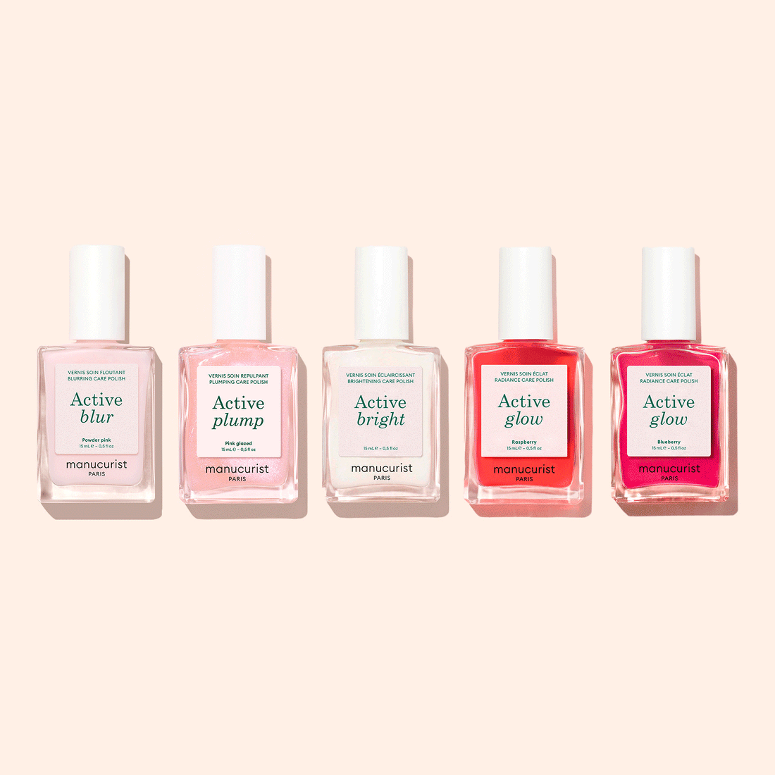 The Manucurist Customizable Active 5-pack features five nail care polishes—Active Glow (two), Active Plump, Active Shine, and Active Bright—arranged on a light background, each delivering unique effects for a tailored manicure.