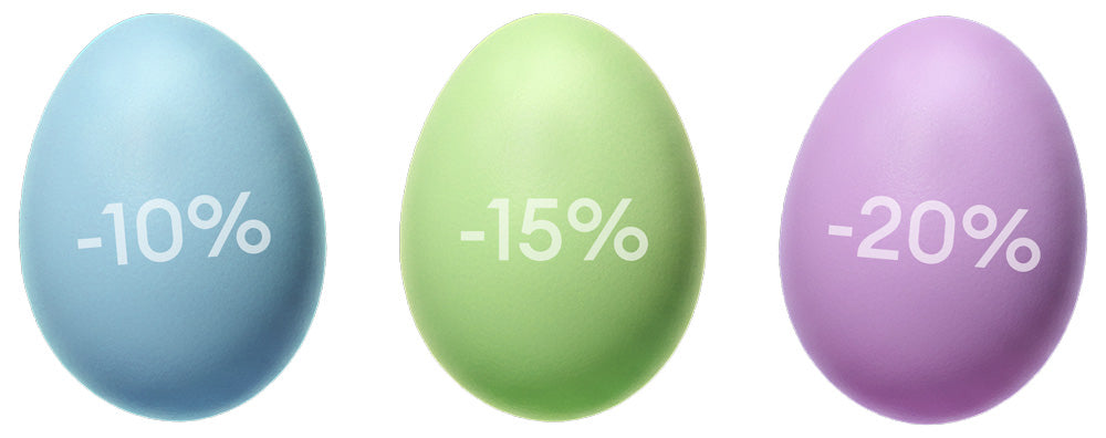 Three pastel-colored eggs display discount percentages: a blue egg with -10%, a green egg with -15%, and a purple egg with -20%. All are set against a white background.