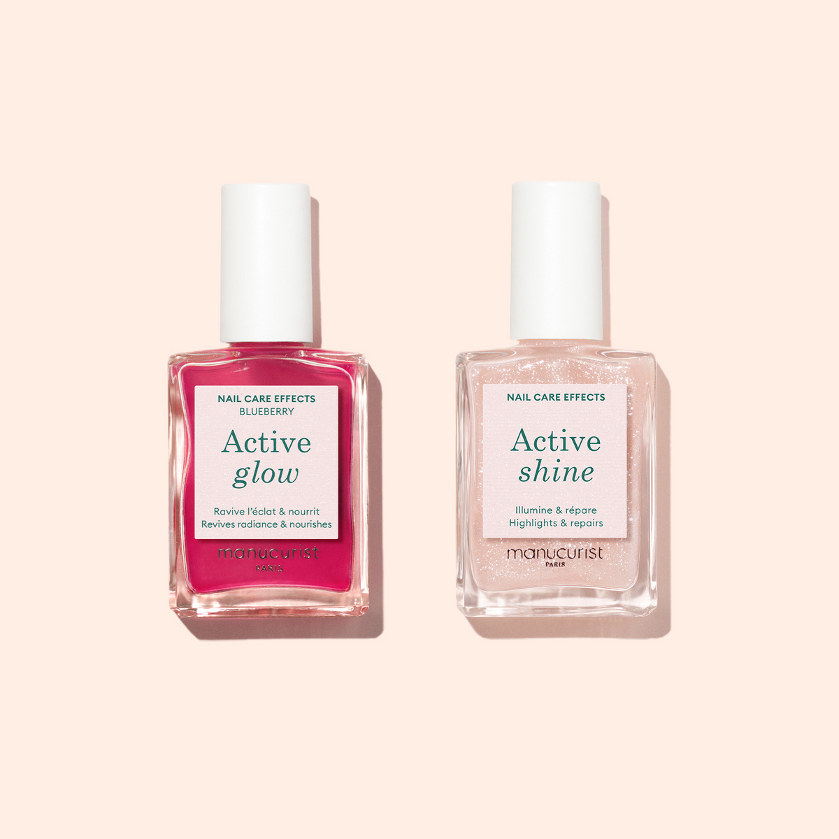 Deux flacons du duo de soins pour les ongles Active™ de Manucurist — Active Glow rosé et Active Shine transparent — présentés sur un fond beige clair, idéal pour réparer et prendre soin des ongles naturels.