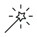A simple black line drawing of a magic wand with a star tip, surrounded by four radiating lines, symbolizing a magical or sparkling effect, on a light gray background.