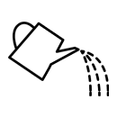 Black line drawing of a watering can tilted to the right, pouring out water represented by dashed lines on a plain light background.