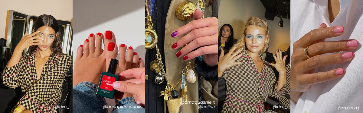 Five close-up photos showing womens manicured nails in various colors: neutral, red, purple, and pink, with fashion accessories and outfits visible in the background. Each nail style is tagged with different Instagram handles.