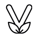 A simple black outline of the letter V above two overlapping leaves, resembling a plant or a vegan symbol, on a light gray background.