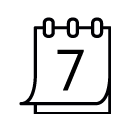 A simple black and white calendar icon displaying the number 7, with three rings at the top and one page slightly turned.