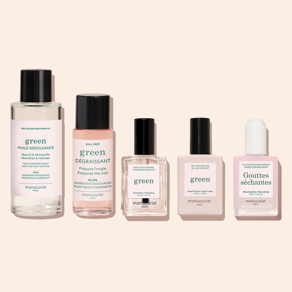 Cinq flacons de soins pour les ongles Manucurist sont disposés côte à côte sur un fond beige clair, chacun présentant une étiquette et une teinte de liquide différentes. La sélection comprend l&
