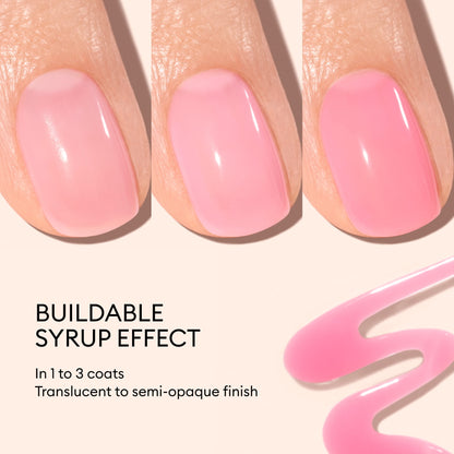 Three close-up images of a fingernail show layers of Manucurist Pink Sorbet Jelly polish building from sheer to semi-opaque in 1–3 coats. Text: BUILDABLE SYRUP EFFECT. Ultra-glossy finish with a pink polish swirl nearby.