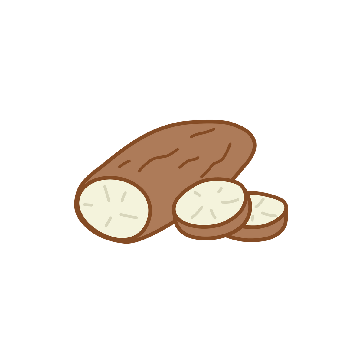 Illustration simple d’une igname entière avec deux tranches rondes devant, montrant l’intérieur clair et la peau extérieure brune, sur un fond blanc uni.