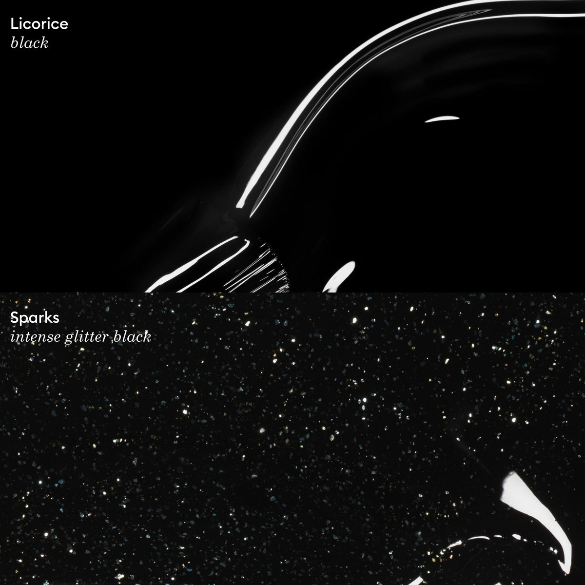Top half: Shiny, smooth black surface labeled “Licorice—black.” Bottom half: Manucurist Sparks—an intense glitter black nail polish with fine, sparkling specks.