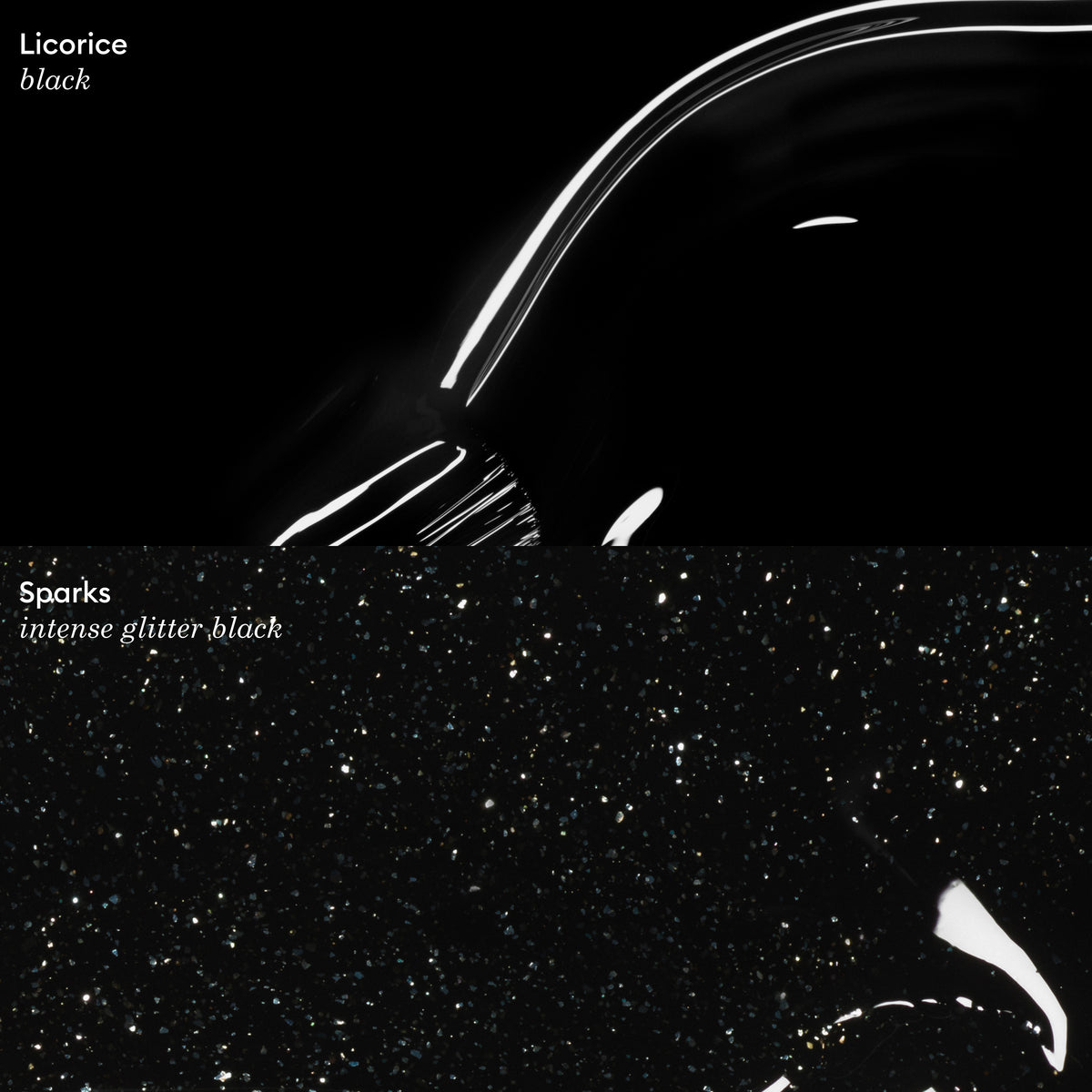 Two nail polish swatches are shown on a dark background: Licorice black (solid glossy black) and Manucurist Sparks (black gel polish with intense multicolored glitter), both displayed with a glossy finish.