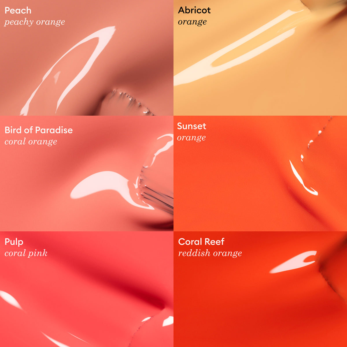 Six nuanciers en gros plan de vernis gel Manucurist brillants, dont la teinte "Pulp", présentés en pêche, abricot, orange profond, orange vif ("Pulp"), rose corail et orange rougeâtre, chacun étiqueté : Peach, Apricot, Bird of Paradise, Sunset, Pulp, Coral Reef.