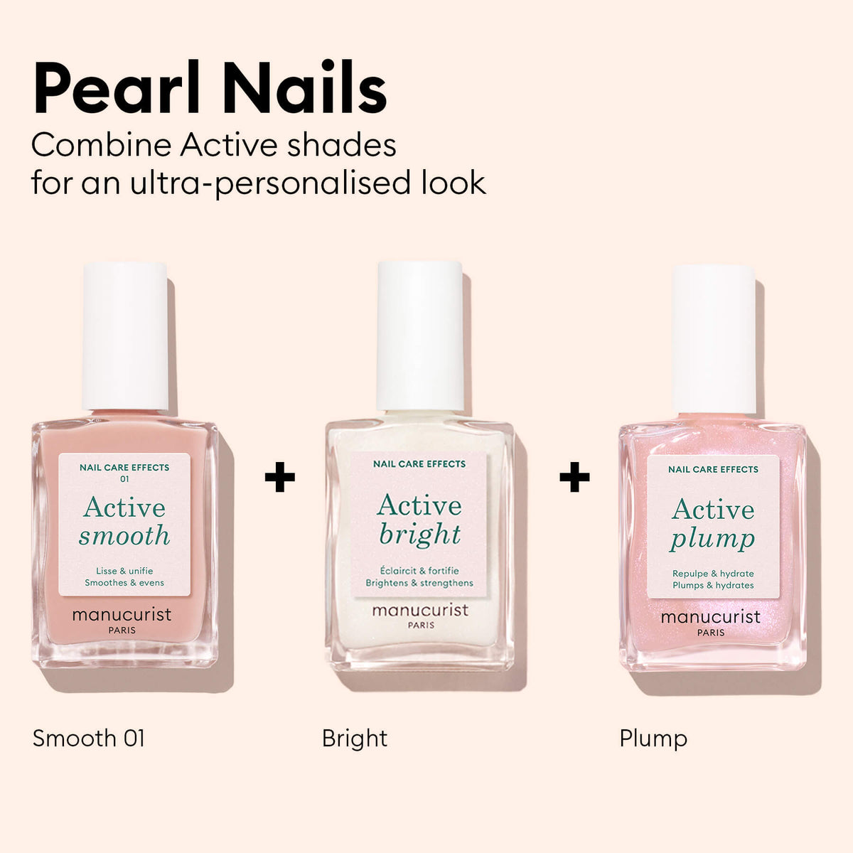 Trois flacons de vernis à ongles Manucurist Active™ Smooth 01, Active Bright et Active Plump sont présentés côte à côte sur un fond clair, mettant en valeur les bienfaits du CC Polish Treatment pour le soin des ongles à base de plantes. Le texte encourage à mélanger les teintes pour créer des ongles nacrés personnalisés.