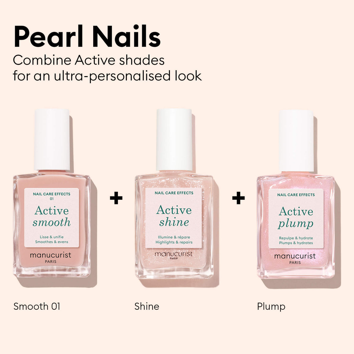 Trois flacons de vernis à ongles étiquetés Active™ smooth, Active™ shine opal et Active™ plump sont présentés en ligne, séparés par des signes plus. Le texte au-dessus indique : Manucurist : combinez les teintes de vernis à ongles d’origine végétale Active™ pour un look ultra-personnalisé et faites passer votre routine de soin des ongles au niveau supérieur.