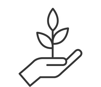 Simple line drawing of a hand gently holding a small plant with two leaves and a bud, symbolizing growth, care, and environmental sustainability.